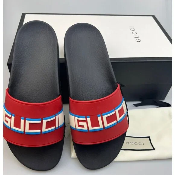 NIB Gucci Man Stripe Rubber Slide Sandal In Red Size 7 Gucci 37G - Gucci Slide Sandals Cross Striped Red Green Web  main image 4